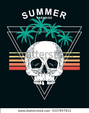 Summer paradise text with skull and palm trees. Vector illustration for t-shirt print and other uses.