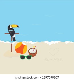 summer paradise with tropical birds, eyeglass, volley ball, and coconut drink 