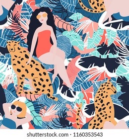 Summer paradise in tropical jungles with wild animals, beautiful girls, and fantastic florals.