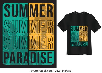 Summer paradise t-shirt design featuring text and tropical background