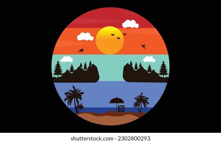 Summer paradise t-shirt design, illustration, graphics design, sea beach, sunshine, mountain, hiking, vector t-shirt design