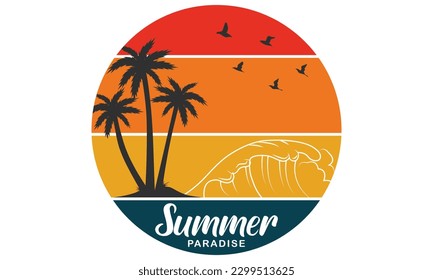 Summer Paradise T-shirt Design Vector Illustration and apparel vector design, print, typography, poster, emblem with palm trees. With Surfing Man, Vector Print Design Artwork, Summer T-shirt ,Surf