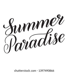 Summer Paradise. Vector design element for greeting cards. Black isolated cursive. Calligraphic style. Hand writing script. Brush pen lettering. Handwritten vacation phrase.