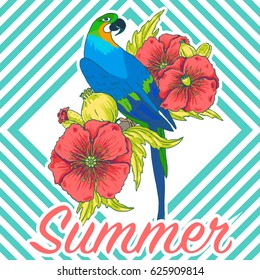Summer paradise - vector macaw parrot illustration. Animal in the wild hand drawn sketch with beautiful exotic bird sitting on branch with vivid flowers and leaves, abstract striped background