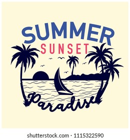 Summer paradise vector print.Palm tree, island vector illustration.
