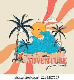 Summer paradise Vibes Great Waves. Summer vibes tropical graphic print design. Rector vector Palm tree, sunset, sunrise, surfboard, vector graphic print design.