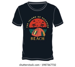 summer paradise vibes print design. Camping at the beach retro vector graphic print design. Island of paradise beach graphic print design.