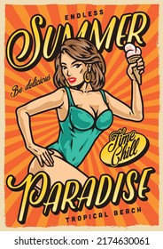 Summer paradise vintage colorful poster woman in swimsuit for beach holiday eats ice cream inviting to tropical beach vector illustration