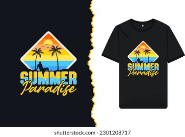 Summer Paradise vintage retro color-style t-shirt design template. The concept for beach lovers. Vector illustration with a palm tree, beach man, and summer theme.
