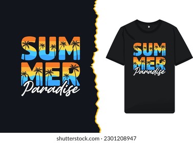 Summer Paradise vintage retro color-style typography t-shirt design template. The concept for beach lovers. Vector illustration with a palm tree, and sea.