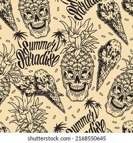 Summer paradise vintage seamless pattern monochrome beach party on seashore with ice cream and fruit pineapple rave style vector illustration