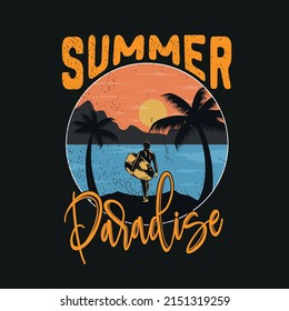 summer paradise, vintage style sunset surfing tee print design as a vector