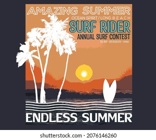Summer paradise watercolor artwork for t shirt, poster, sticker and others uses. Surf ride club vector graphic print design. 
