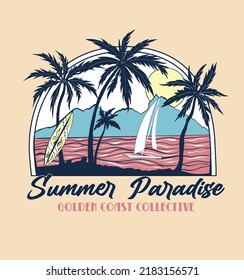 summer paradise.golden coast collective.Sunset beach and sailboat view.