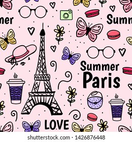 Summer Paris with Eiffel Tower and butterfly. Vector illustration Seamless pattern. Cute female pink texture background.