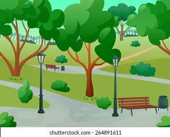 Summer park alley 2d game landscape flat background vector illustration