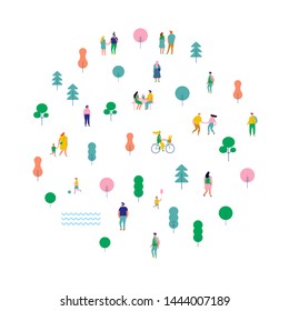 Summer park arranged in circle shape. Happy people walking and running, riding bicycle. Outdoor activity. Male and female. Flat vector illustration isolated on white background. 