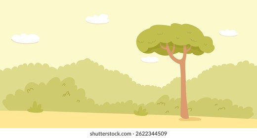 Summer park background with green bushes and light sky with clouds. Minimal flat design landscape for children's outdoor scenes, games, or animation backdrop. Cartoon vector illustration.