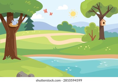 Summer park background landscape with beautiful river, pond, lake, riverbanks river banks, meadow, blue sky.	
