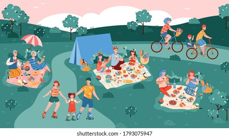 Summer park background with resting people having a picnic and sport activity, flat cartoon vector illustration. National picnic day and summer leisure layout.