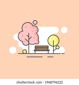Parque de verano con banco y árboles en forma de contorno lineal. Ciudad de primavera. Ilustración de material vectorial