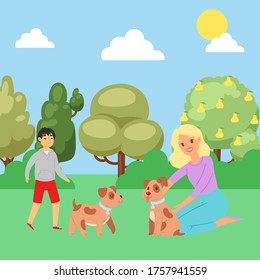 Summer park, boy playing with puppy, joyful man and happy dog in nature, outdoor, design, cartoon style vector illustration. Useful lifestyle, Good rest, dog, man s best friend, woman stroking pet.