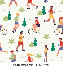 Summer park concept outdoor activity vector illustration. Flat active people spend time in city park together, walking kids, playing dog, cycling, riding hoverboard isolated seamless pattern