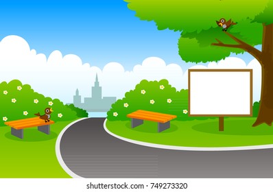 Summer Park. Summer empty outdoor Park with benches. Vector illustration.