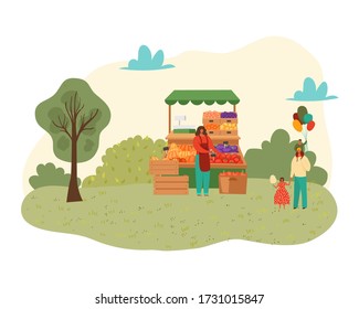 Summer park with food festival for family time concept isolated on white vector illustration. People sell food fruits from stalls in park, farther with children and baloons walk outdoor.