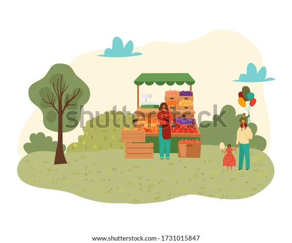 Summer\
park with food festival for family time concept isolated on white\
vector illustration. People sell food fruits from stalls in park,\
farther with children and baloons walk\
outdoor.