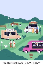 Summer park with food trucks, poster design. Street festival with trailers, caravans and tiny characters on vacation. Outdoor event, vertical card, banner background. Flat vector illustration