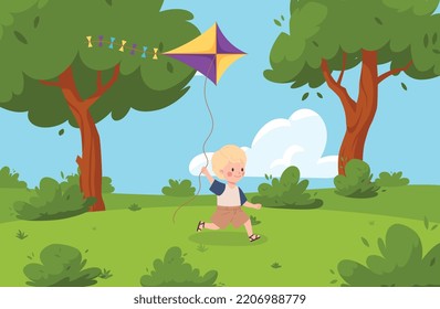 Parque de verano o fondo de prado forestal con un alegre personaje de dibujos animados de niños con juguete de cometas, dibujos animados de ilustración vectorial plana. Un niño lanza una cometa en un día de verano.