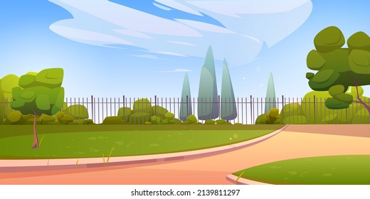 Summer park or garden with green trees, bushes, grass and fence. Vector cartoon illustration of empty backyard landscape with plants, lawn, paths and metal fencing