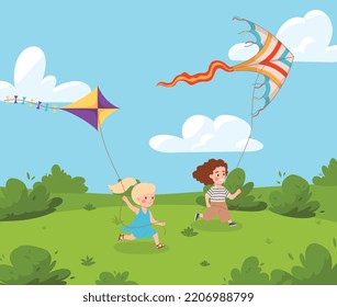 Summer park or green meadow background with funny children running with kites, flat cartoon vector illustration. Sunny day backdrop with boys and girls playing outdoors.