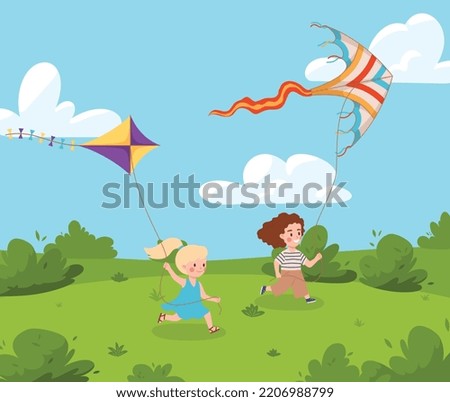 Summer park or green meadow background with funny children running with kites, flat cartoon vector illustration. Sunny day backdrop with boys and girls playing outdoors.