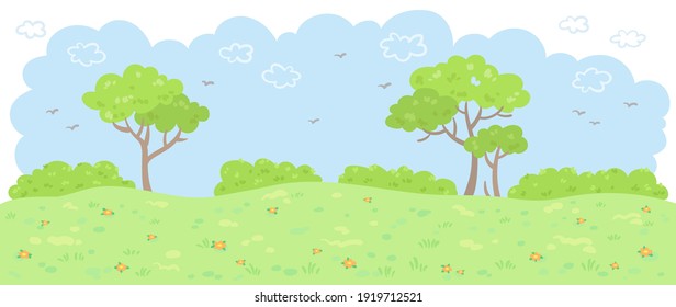 Summer Park With Green Trees, Bushes, Grass And Flowers. In Cartoon Style. Isolated On White Background. Vector Flat Illustration.