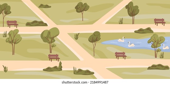 Summer park with green trees, pond or lake with swans, grass and pathways. Vector illustration of urban city park background in flat cartoon style, spring nature