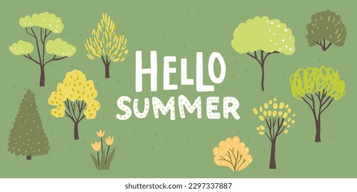 Summer in park, hand drawn trees and flowers on green grass. Hello Summer text on banner. Park festival, vacation illustration.