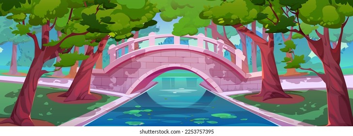 Summer park landscape with bridge over pond, floating water lily leaves, grass and trees with green foliage. Forest or sunny garden with stone bridge and river or canal, vector cartoon illustration