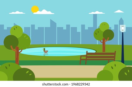 Summer  park landscape with pathway, pond, bench and trees, vector illustration. 