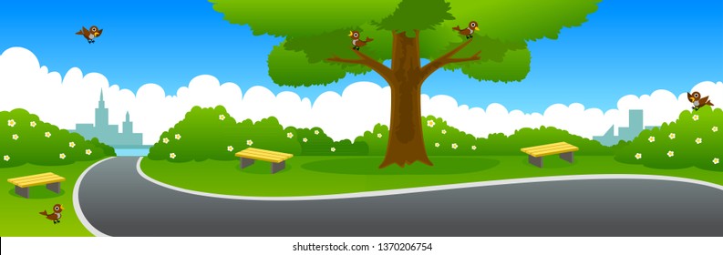 Summer park. Summer park with a large tree and the road.