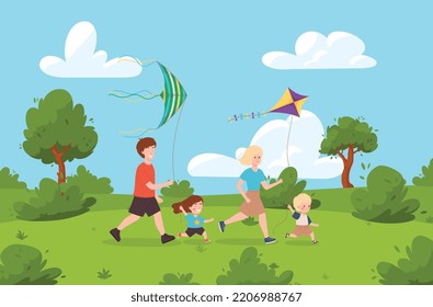 Summer park meadow background with happy family of parents and children running with kites, flat cartoon vector illustration. Family playing a kite outdoors together.