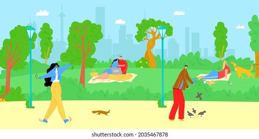 Summer park nature, vector illustration. Flat man woman character outdoor, happy city lifestyle, people walk, have picnic. Female do yoga