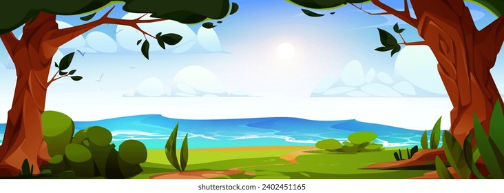 Summer park on sea coast. Vector cartoon illustration of stormy waves on water, green lawn in shadow of old trees, sun shining bright, fluffy clouds and birds flying in blue sky, beautiful scenery