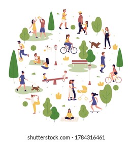 Summer park outdoor activity vector illustration. Cartoon flat active people spend time in city park together, walking or playing with dog, have fun and do sport workout exercises isolated on white