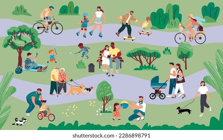 Summer park with people relaxing with children and walking with dogs. Happy families have fun together. Cyclists, skateboarders, roller skating, readers and kids playing.Vector flat illustration.