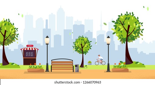 Summer park. Public park in the city with Street Cafe, Fast Food Restaurant against high-rise buildings silhouette. Landscape with cyclist,trees, lights, wood benches. Flat cartoon vector illustration