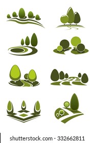 Summer park and public garden landscape icons set with decorative green trees and bushes, figured lawns and walking alleys, for nature or leisure theme