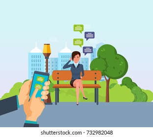 Summer park of rest, walking park. Summer park with green tree, grass. Girl resting in park on bench, communicate through social networks, mobile chat. Sending message via chat. Vector illustration.