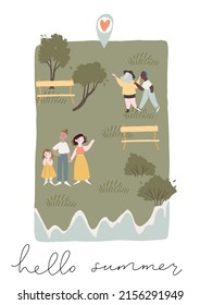 Summer Park Scene Poster. Spring, Summer Outdoor Family, Kids Event Affiche. People In Different Situations, Have Fun, Dancing, Eating, Drinking, Meeting Friends. Vector